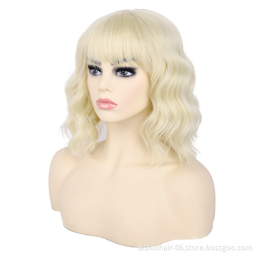 wholesale cheap bob blone color water wave wigs with bangs synthetic hair wig for women